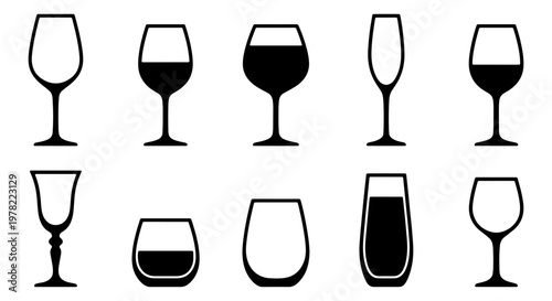 Minimalist wine glass icons set, 10 black vector silhouettes of glassware for red and white wine, elegant barware and stemware collection for restaurant menus