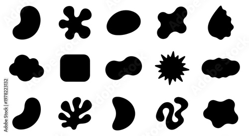 Abstract organic shapes collection, 15 black silhouette blobs and liquid forms, minimalist amoeba vector elements for modern graphic design