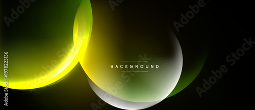 Abstract design features flowing curves, vibrant yellowgreen hues. Dark background emphasizes luminosity, creating modern visual effect.