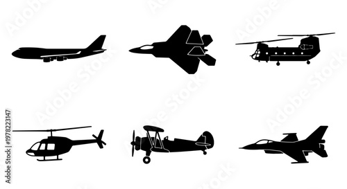 Aviation silhouette set with 6 aircraft icons, black airplane and helicopter vector collection, military jet and commercial plane graphics for travel design