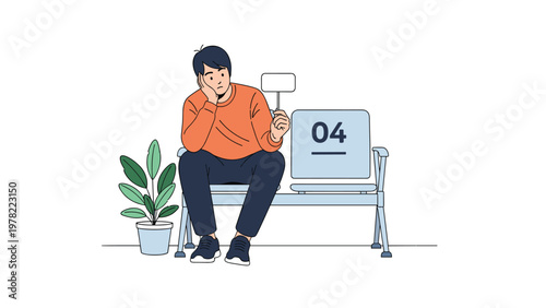Bored man waits patiently on a blue bench in a waiting room while holding a numbered ticket and resting his head on his hand in frustration.