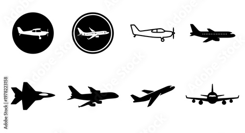 Airplane silhouette vector set, black aircraft icons for aviation and travel, collection of 8 plane symbols including jet and propeller aircraft