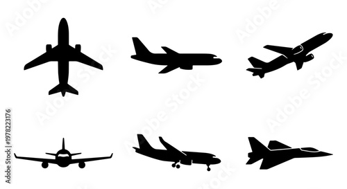 Airplane silhouette vector set, commercial aircraft and fighter jet icons, black plane shapes for travel and aviation design, 6 elements