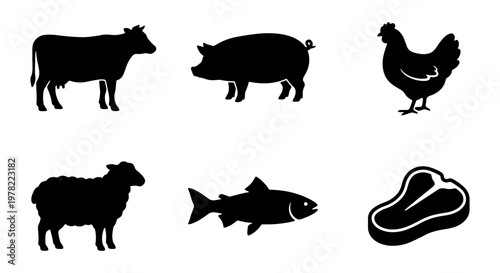 Farm animal silhouette icons set, black livestock and meat vector graphics, cow pig chicken sheep fish and steak symbols for butcher shop
