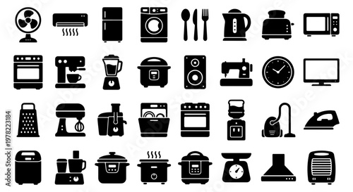 Home appliances icon set, 28 black silhouette kitchen and household electronic equipment symbols, modern domestic device vector collection