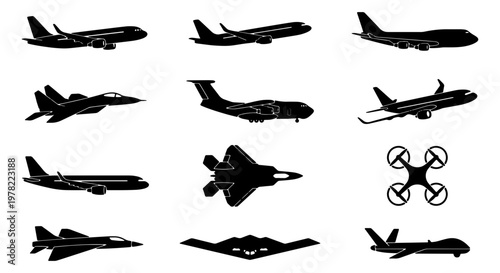 Aviation silhouette set with 12 vector icons, commercial airplane and military jet collection, drone and stealth bomber graphics for flight design
