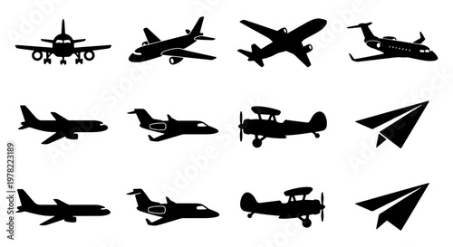 Airplane silhouette vector set, 12 aircraft icons including commercial jets and biplanes, black aviation transport symbols for travel design