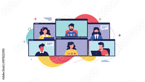 Virtual team meeting interface shows multiple diverse professionals connecting through video conference windows on a colorful background.