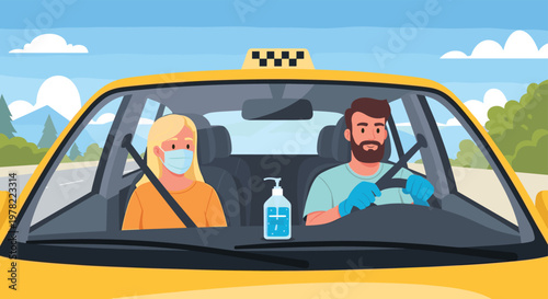 Passengers and driver wearing face masks in a taxi with hand sanitizer bottle on the dashboard illustrates safety measures in public transport.