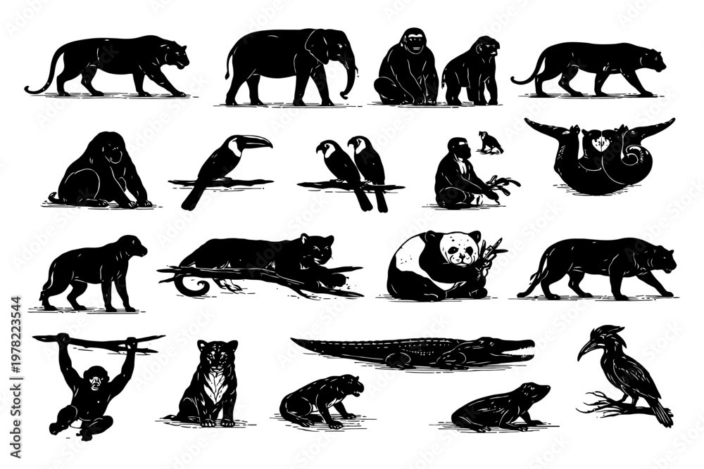 Fototapeta premium Silhouette collection of wild animals in various poses and species.