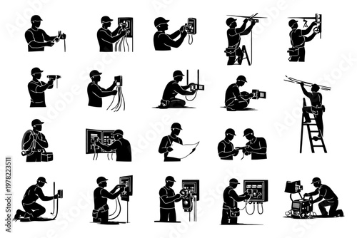 Electricians at work - silhouettes illustrating various electrical tasks and tools.