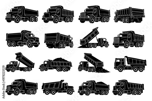 Collection of dump truck silhouettes in various positions and designs.
