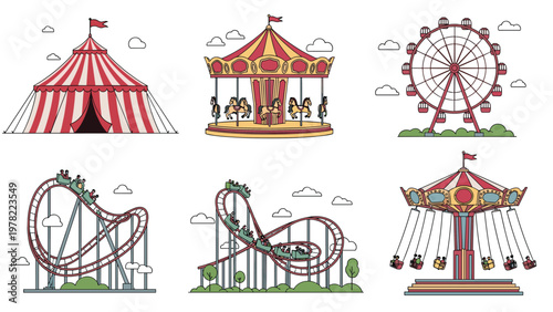 Collection of classic amusement park rides includes a big top circus tent, ferris wheel, roller coaster, carousel, and a swing ride.