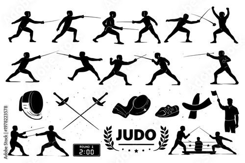 Silhouettes of athletes engaged in fencing and judo with equipment icons.