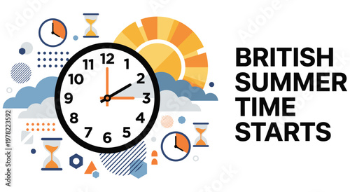 British summer time starts vector illustration. clock showing 2am changing to 3am. concept of daylight saving time in great britain. time change on last sunday of march every year.