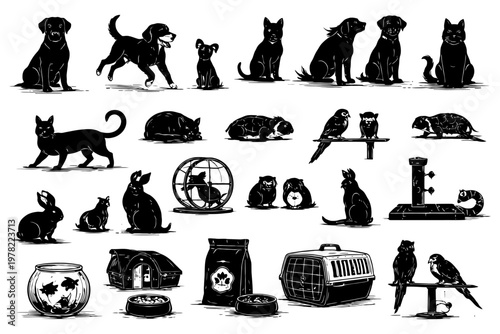 Diverse collection of pets including dogs, cats, birds, rodents, and accessories.