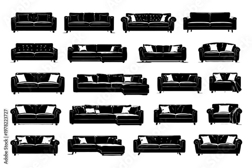 Collection of diverse sofa designs featuring various styles and configurations.