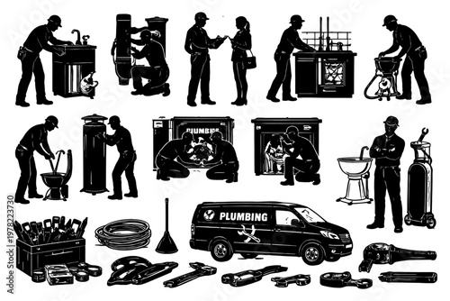 Silhouette of plumbing activities and tools with male and female workers.