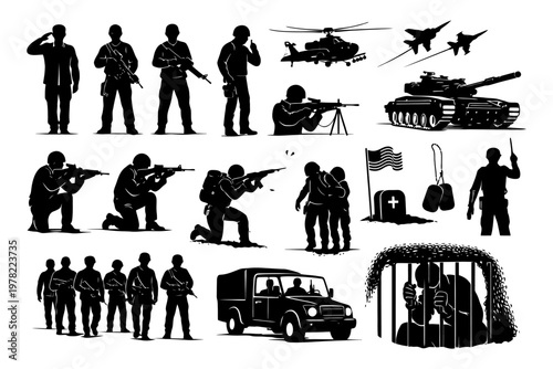 Military silhouettes: soldiers, helicopters, tanks, and combat scenes.