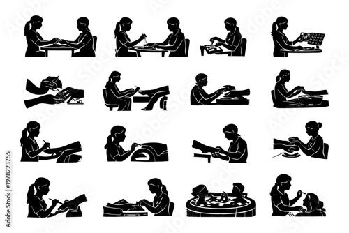 Silhouette women practicing manicure and nail art techniques in salon.