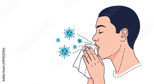 Person sneezing into a white tissue with virus icons nearby demonstrates how germs spread and the importance of covering your mouth and nose.