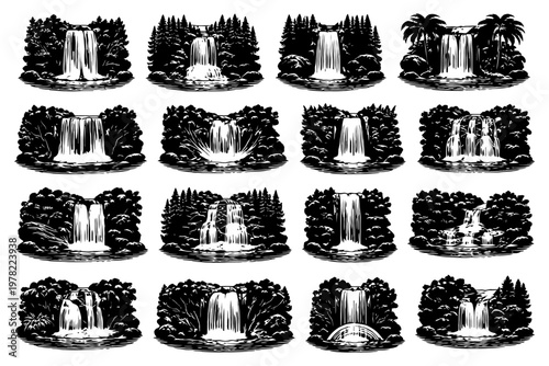 Collection of stunning black and white waterfall illustrations in various natural settings.