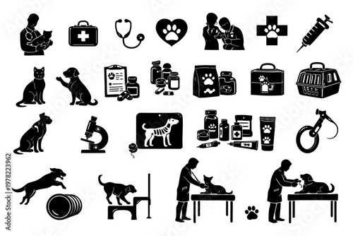 Comprehensive veterinary icons including medical equipment animals and healthcare practices.