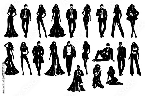 Silhouettes of stylish male and female fashion figures in various poses.