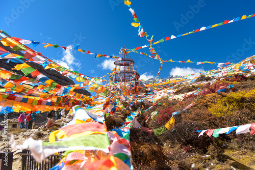 view of autumn highland snow mountain of Yading Nature Reserve, snow-capped mountains, crystal clear lakes, vast grasslands, colorful forests, Shangri-La Town, Daocheng, Sichuan, China