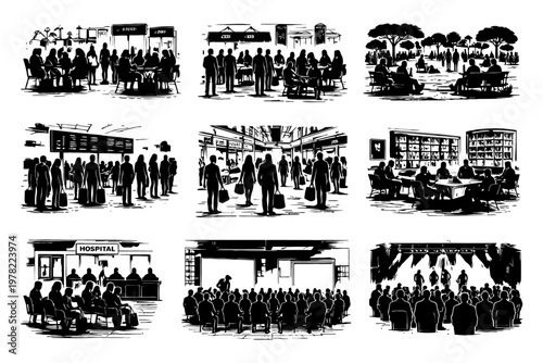 Diverse crowd gatherings: cafes, shopping, parks, airports, libraries, hospitals, theaters, concerts.