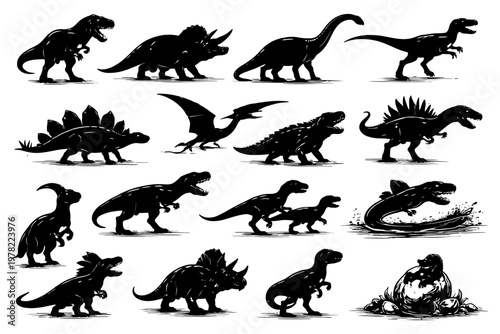 Silhouettes of diverse dinosaurs in various dynamic poses.
