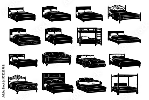Set of 16 black silhouette bed icons and sofa designs.