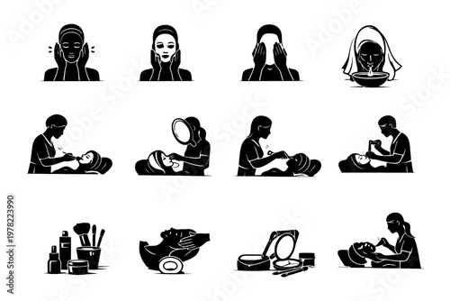Skincare and beauty routine icons – facial treatments, cosmetic products, relaxation techniques.