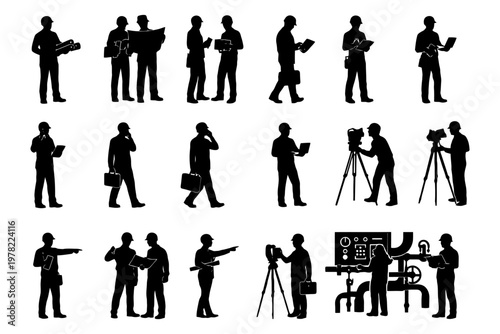 Silhouettes of engineers and surveyors in various poses with equipment.