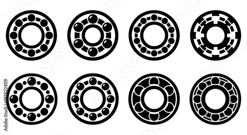 Industrial ball bearing icons set, mechanical steel roller bearings vector collection, 8 black and white technical engineering symbols for machinery