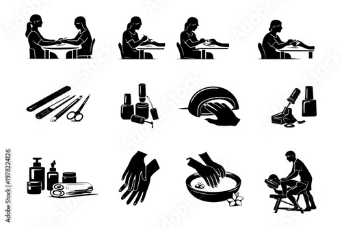 Monochrome spa and beauty icons featuring manicure and massage illustrations.