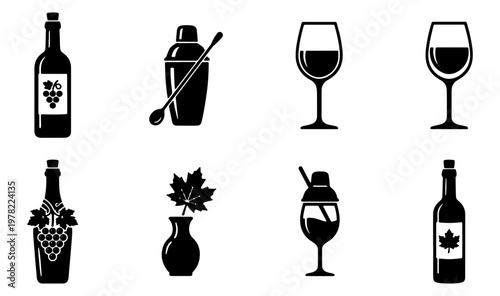 Minimalist wine and cocktail icon set, black silhouette alcohol bottle and glass vector collection, 8 winery and bar beverage symbols