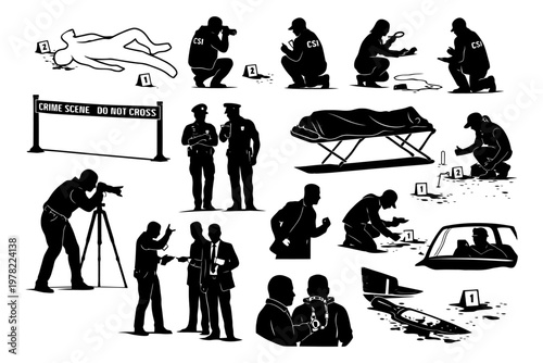 Crime scene investigation silhouettes of detectives and forensic evidence collection.