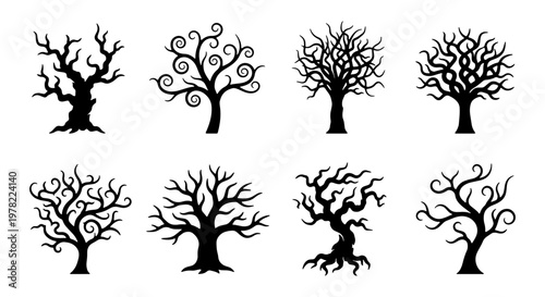 Spooky dead tree silhouettes set, 8 black leafless tree icons with twisted branches, creepy forest wood elements for Halloween design