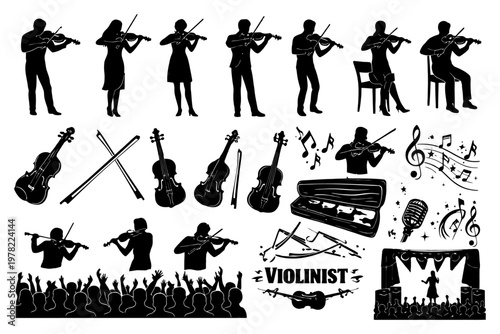 Silhouettes of violinists performing in concert with instruments and musical notes.