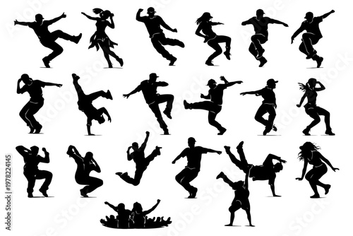 Diverse silhouettes of dancers in energetic hip hop and breakdance moves.