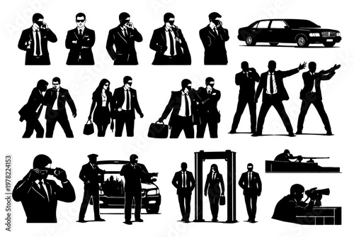 Silhouette of security agents in various poses with vehicles and equipment.