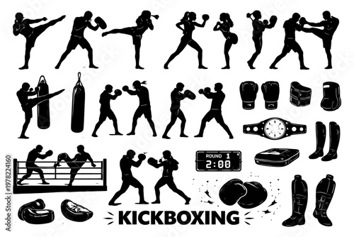 Kickboxing silhouettes and gear: fighters, equipment, scoreboard, ring, gloves.