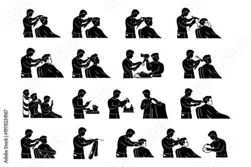 Silhouette illustrations of male hairdressing and barber techniques.