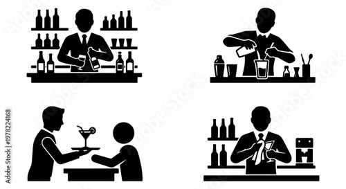 Professional bartender silhouette icons, set of 4 vector illustrations of mixologists making cocktails, restaurant service staff graphics