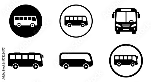 Minimalist bus icon set, black and white public transport symbols, 6 vector bus silhouettes for urban transit and city travel navigation