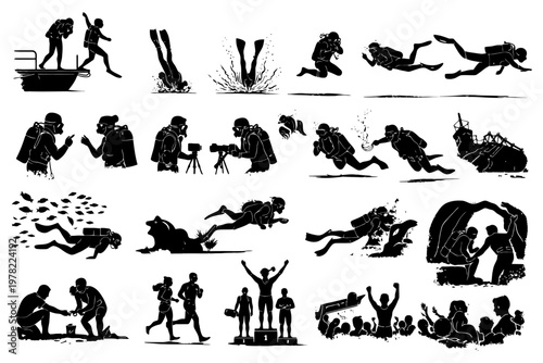 Silhouettes of scuba divers and adventurers in various activities.