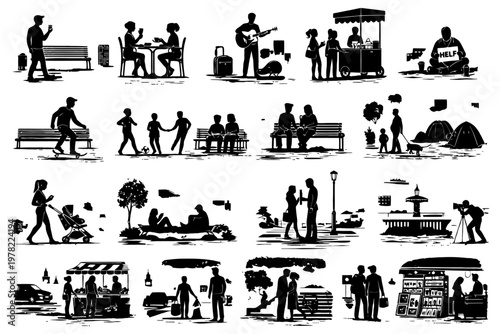 Silhouettes of daily life in urban park setting with diverse activities.