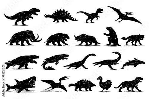 Silhouette collection of prehistoric dinosaurs and animals.