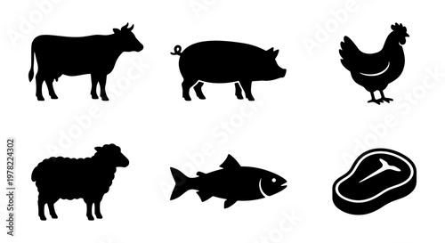 Farm animal silhouettes set of 6 vector icons, black livestock symbols for butcher shop, meat industry and agriculture branding